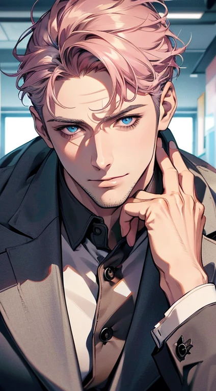 (best quality,4k,8k,highres,masterpiece:1.2),ultra-detailed,(realistic,photorealistic,photo-realistic:1.37),1 man,31 years old,mature man,very handsome,without expression smile in love, short grey pink hair,blue eyes,penetrating gaze,perfect face without errors,imposing posture,businessman,office background,cinematic lighting,hdr image