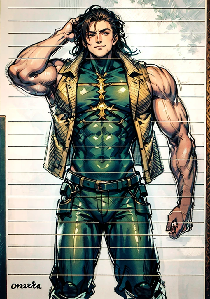 A young man, long black hair, a cheerful smile, thick and arched eyebrows, squinted eyes, brown skin, a sturdy physique, an open plain brown vest, revealing his muscular body, his right hand rests on the back of his head, a loose utility pants, the background depicts a lively fantasy-style street, this character embodies a finely crafted fantasy-style worker in anime style, exquisite and mature manga art style, high definition, best quality, highres, ultra-detailed, ultra-fine painting, extremely delicate, professional, anatomically correct, symmetrical face, extremely detailed eyes and face, high quality eyes, creativity, RAW photo, UHD, 8k, Natural light, cinematic lighting, masterpiece-anatomy-perfect, masterpiece:1.5, pele verde, orelhas pontudas