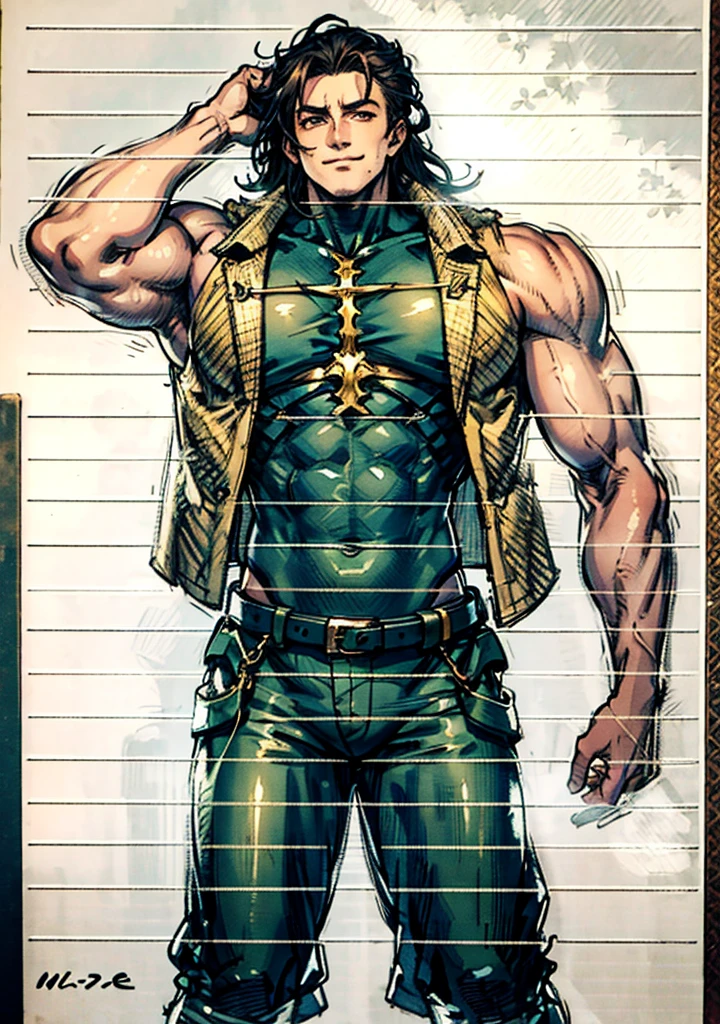 A young man, long black hair, a cheerful smile, thick and arched eyebrows, squinted eyes, brown skin, a sturdy physique, an open plain brown vest, revealing his muscular body, his right hand rests on the back of his head, a loose utility pants, the background depicts a lively fantasy-style street, this character embodies a finely crafted fantasy-style worker in anime style, exquisite and mature manga art style, high definition, best quality, highres, ultra-detailed, ultra-fine painting, extremely delicate, professional, anatomically correct, symmetrical face, extremely detailed eyes and face, high quality eyes, creativity, RAW photo, UHD, 8k, Natural light, cinematic lighting, masterpiece-anatomy-perfect, masterpiece:1.5, pele verde, orelhas pontudas