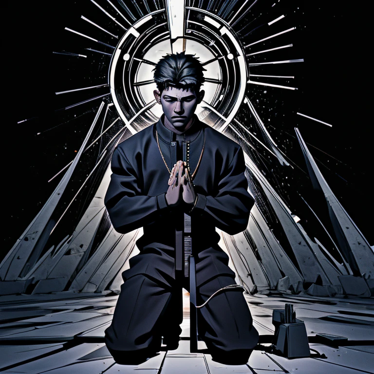 black boy praying, kneeling in prayer, on his knees, Prayer posture, intense line art, bold lineart, Pray, lineart grosso, Art on Artstation, full body detailed portrait, thick black lineart, commission for high resolution