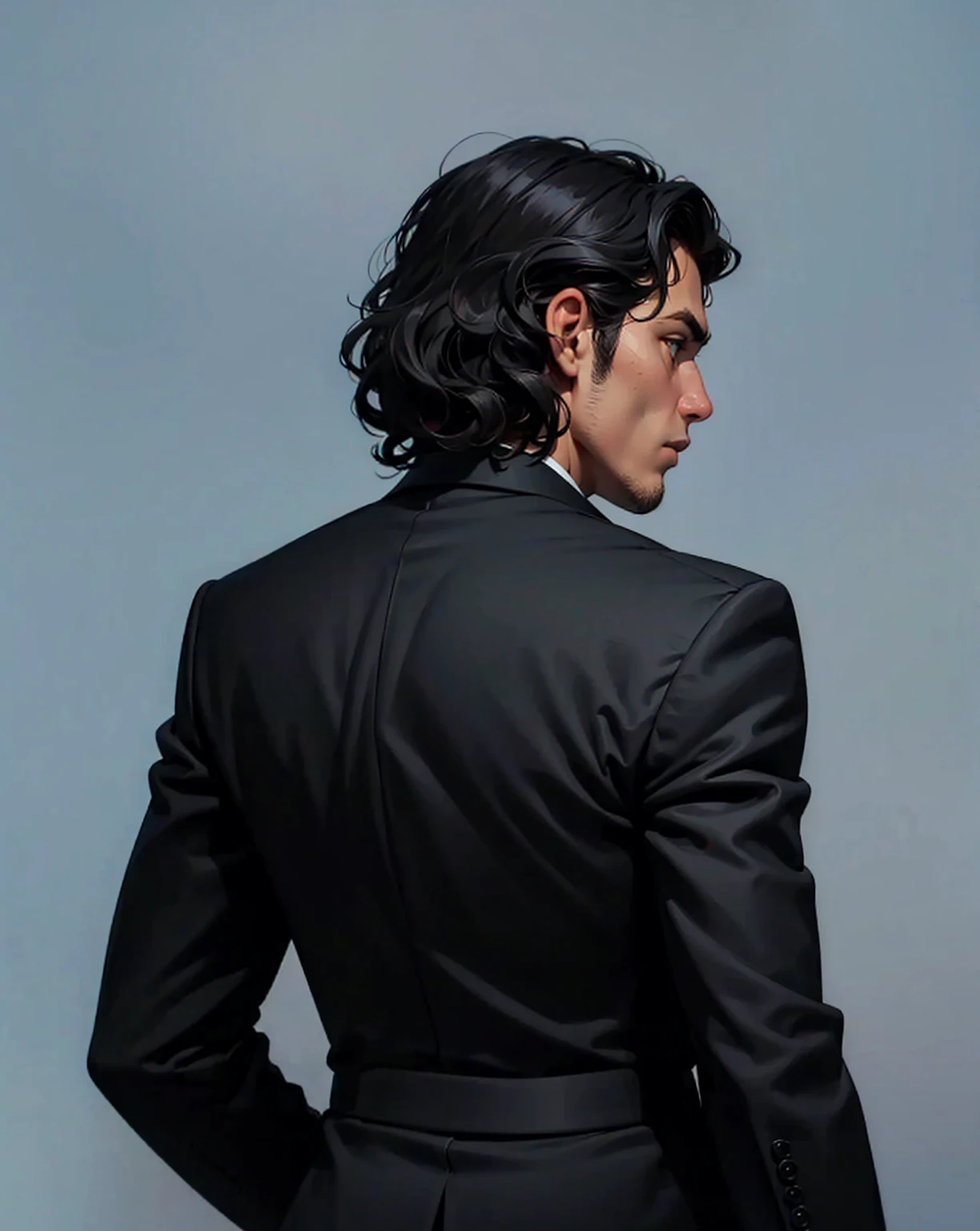 Brazilian, A man stands with his back , black suit, wavy hair