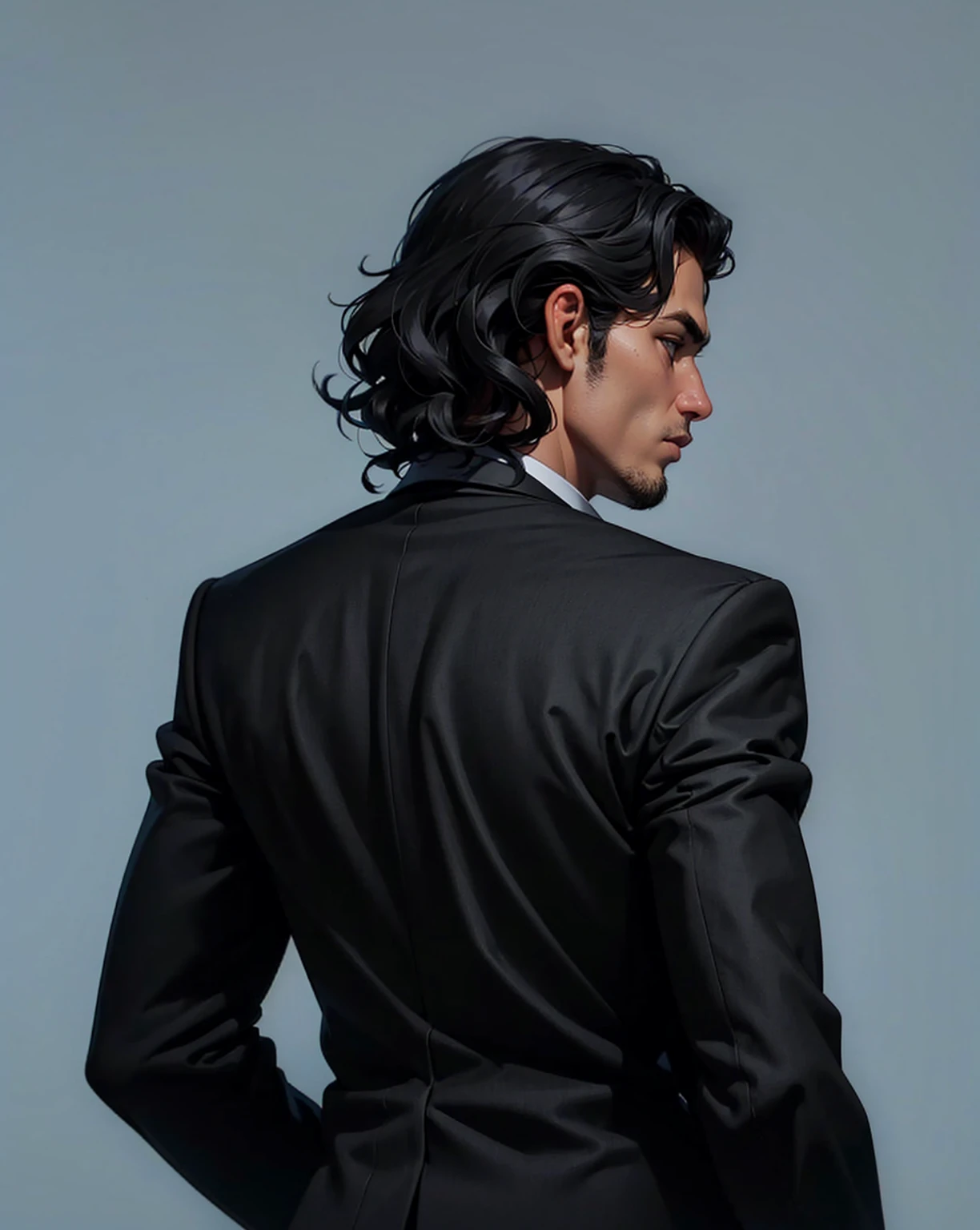 Brazilian, A man stands with his back , black suit, wavy hair