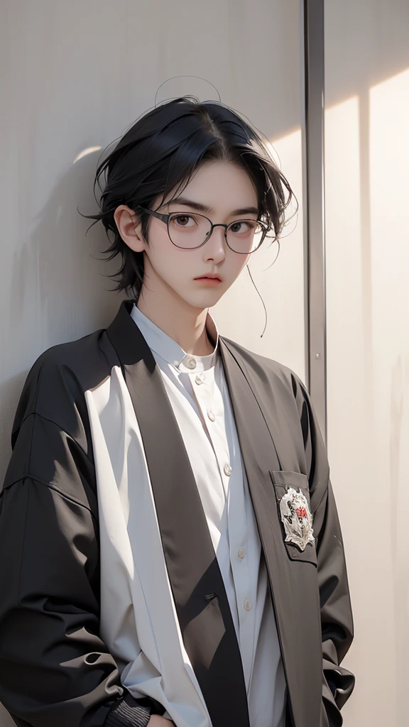 (Highest quality:1.2)。One Man。Glasses。Angry expression。(Wearing a black jacket)。(standing)。The background is a white。(the word SELA is written on his jacket ) short hair