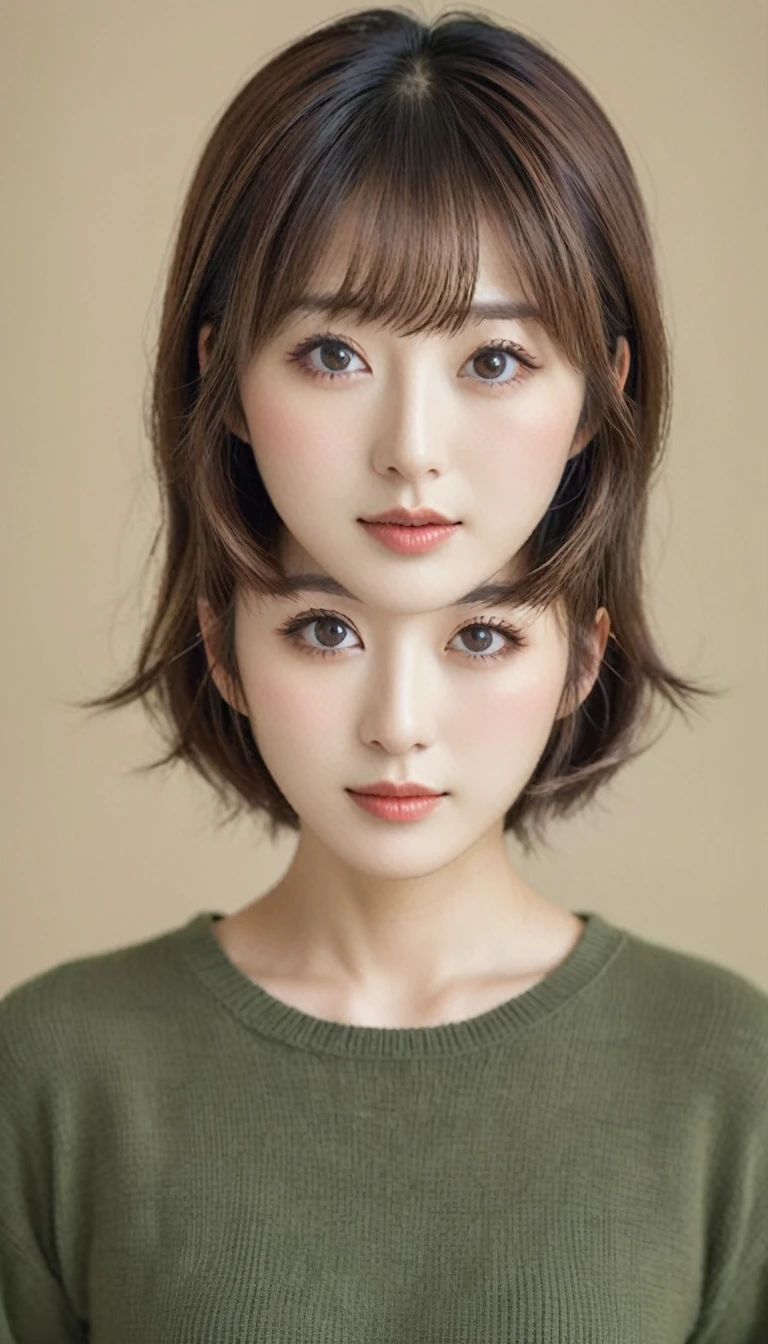 realistic portrait of a half Korean, half Japanese woman with short, with a high nose, light brown hair, and bangs. Narrow eyes and high nose, She has large, expressive eyes, The background is simple and plain. The image includes eccentric elements such as subtle , with a beautiful face, cute and dreamy expression, and a happy expression