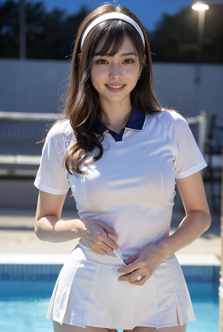 Cute young woman wearing student uniform, slender body, white and smooth skin, black mini skirt, perfect face, professionals portrait image, beautiful house in background, natural light, high quality image, sitting near swimming pool