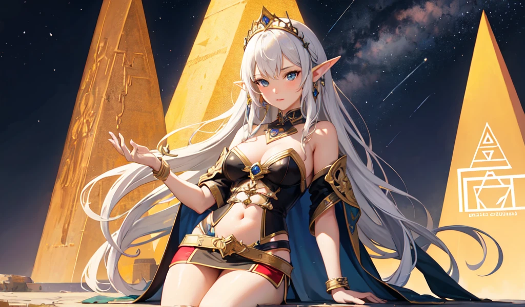 ((Highest quality)), ((masterpiece)), (detailed), 1 Beautiful Elf Woman, sexy,Celtic,pyramid,looking at the stars at night