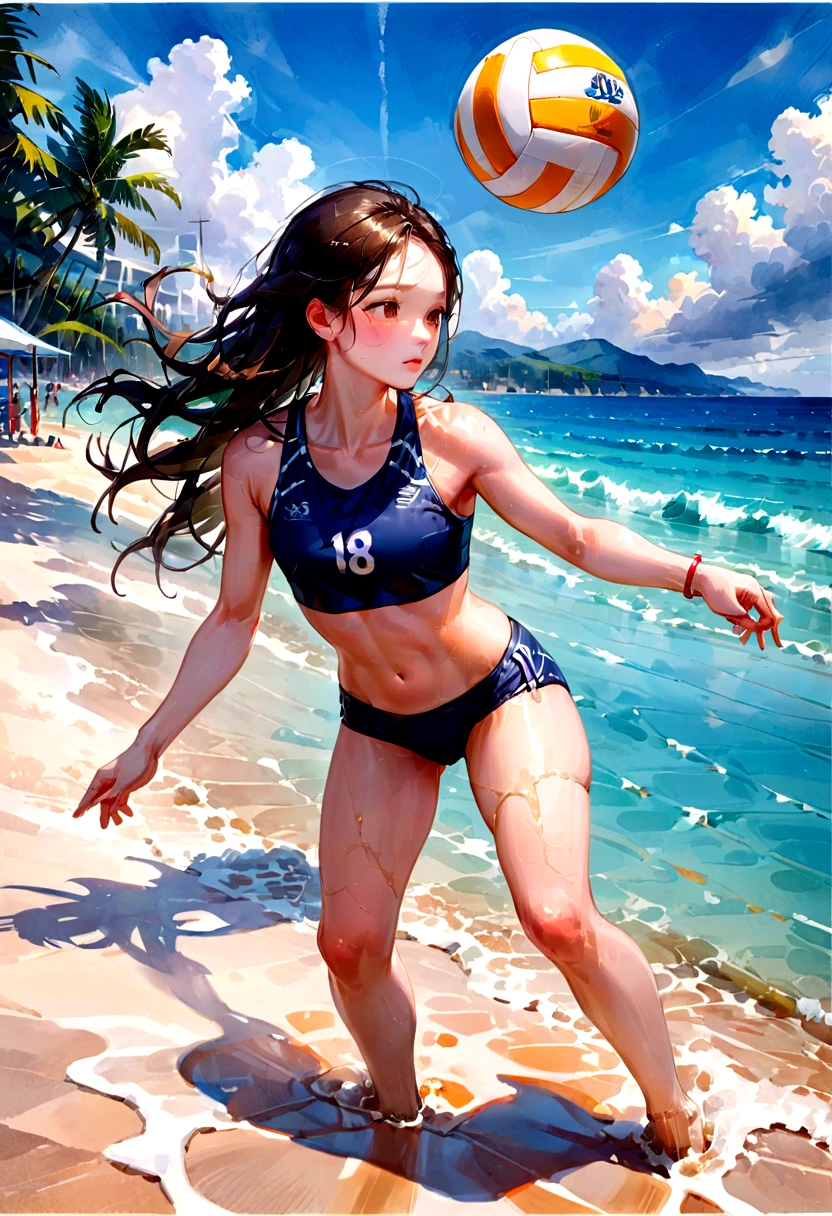 1girl, Beach Volleyball, watercolor painting of a volleyball, in the water on a beach, soft multilayered, perfect composition, complementary colors, fine details, masterpiece, best quality, very aesthetic, absurdres