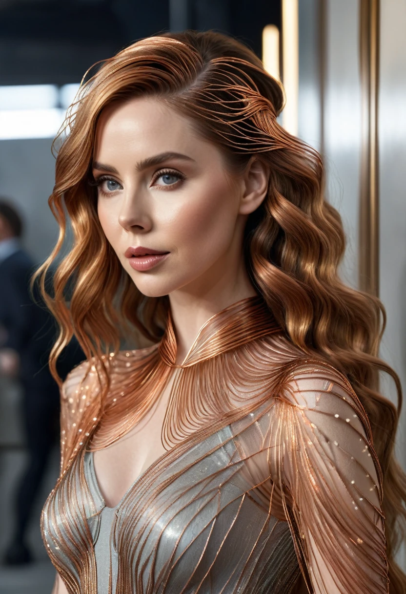 A stunning woman with hair made of intricate copper wires, cascading down like a metallic waterfall. She wears a dress fashioned from delicate, interwoven copper wires, glinting under the light. Her visage is a mesmerizing blend of Alison Brie, Scarlett Johansson, and Dove Cameron, creating a unique, symmetrical face that exudes elegance and grace. The entire scene is rendered in photorealistic quality, capturing every fine detail with stunning clarity. The overall artwork is a masterpiece, presented in 8K high resolution, showcasing the top-quality craftsmanship and artistic vision.