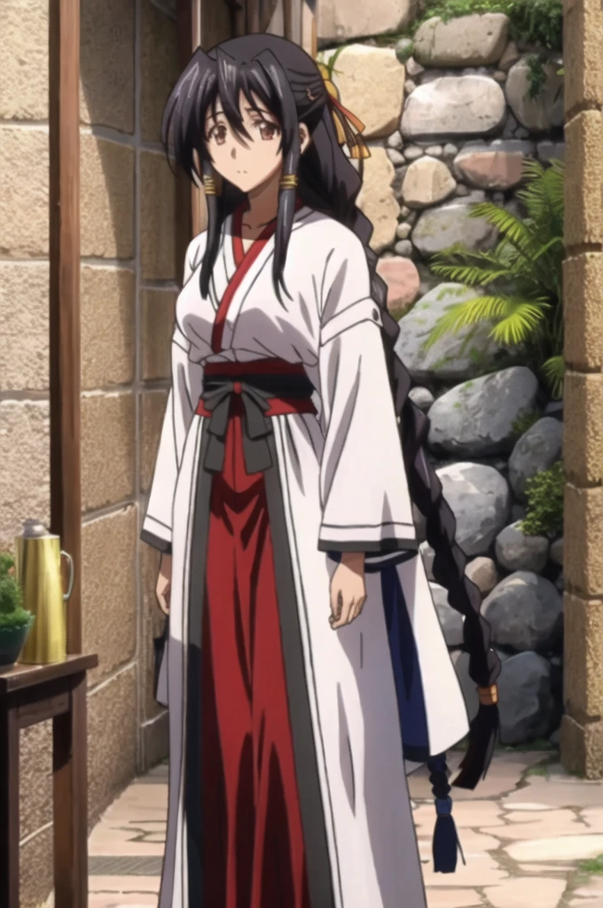 Akeno himejima was brainwashed, 21-year-old girl , africano, black hair with dreadlocks combed back, cabello de longitud media, ropa medieval, imagen de cuerpo completo, castillo estilo africano en el fondo,