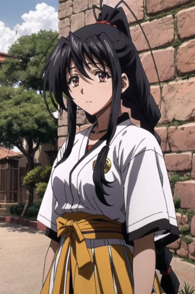 Akeno himejima was brainwashed, 21-year-old girl , africano, black hair with dreadlocks combed back, cabello de longitud media, ropa medieval, imagen de cuerpo completo, castillo estilo africano en el fondo,