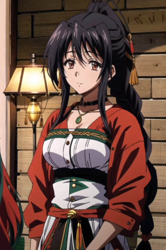 Akeno himejima was brainwashed, 21-year-old girl , africano, black hair with dreadlocks combed back, cabello de longitud media, ropa medieval, imagen de cuerpo completo, castillo estilo africano en el fondo,