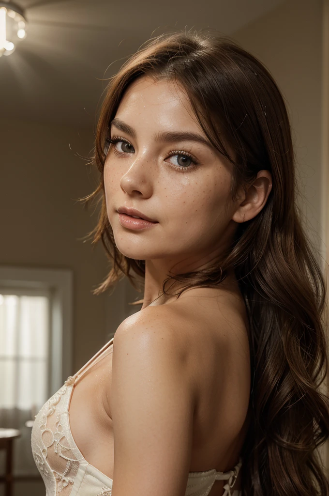 Create a very realistic and beautiful model with the following detailed features: Gender: Female, Age: Young adult (approximately 20-25 years old), Hair: Long, wavy and reddish with a natural shine, gently cascading around the shoulders and back back. . . . . . . , Eyes: Bright green with a captivating, slightly almond-shaped look, detailed with natural highlights, Skin: Fair complexion with a light texture, including natural freckles on the nose and cheeks, giving a youthful and vibrant appearance: Fair complexion with a light texture, including natural freckles on the nose and cheeks, giving a youthful and lively appearance, Face: with a smooth and natural contour, soft, full lips with a slight pinkish tint and a slightly delicate upturned nose, Expression : a naughty face, with a touch of mischief, which conveys warmth and approachability, Clothing: bright orange lace corset, sexy and detailed, naughty and delicate, Context: in a completely (dark: 1.1) open room with lighting ( only: 1.1) (soft (volumetric: 1.1) (chiaroscuro: 1.2) of a large softbox directly above and in front of it: 1) (volumetric: 1.1) (light: 1.1) minimalist and slightly blurred to keep focus on the model, such as a comfortable, well-lit, neutral-toned room, Pose: Directly facing the camera, in a relaxed, confident posture, arms slightly at the sides of the body, or the face facing the camera. open legs, pussy, extremely hyper aesthetic, Unsplash, Neoclassicism, Complex background, Best quality, hyper detailed, Gratty Sita, 64K, Light design