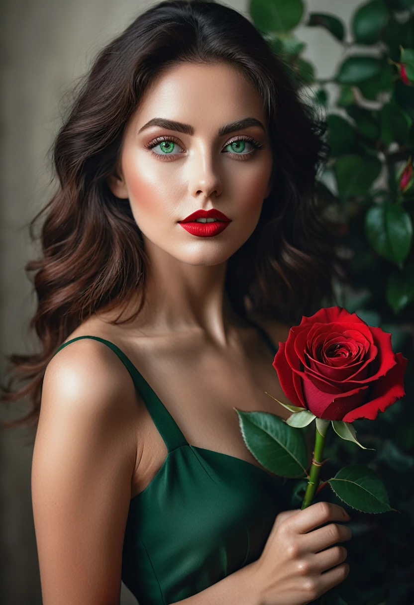 a woman with green eyes, flawless skin, half body shot, holding a red rose, whimsical photography style, captured with an Arriflex 35BL camera using Canon K25 prime lenses, cinematic, dramatic lighting, ultra clear, breathtaking surreal masterpiece.