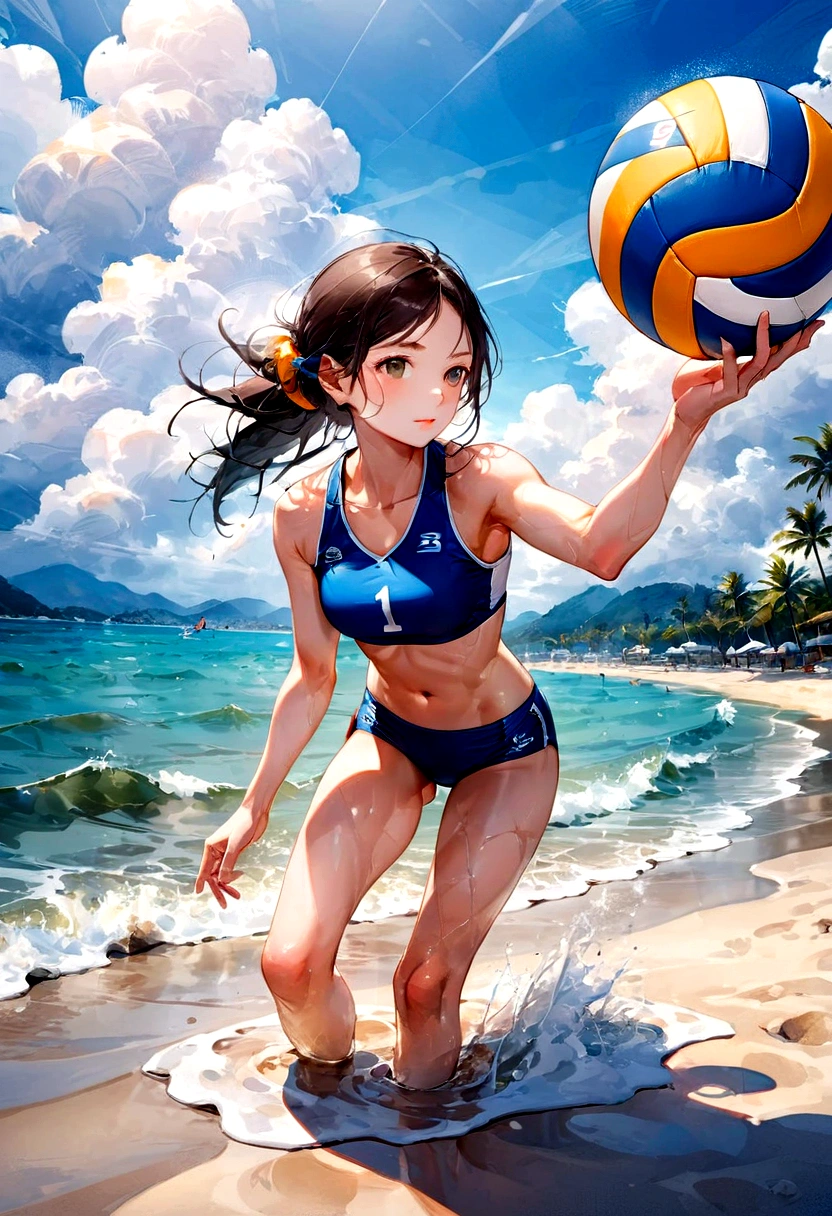 1girl, Beach Volleyball, watercolor painting of a volleyball, in the water on a beach, soft multilayered, perfect composition, complementary colors, fine details, masterpiece, best quality, very aesthetic, absurdres