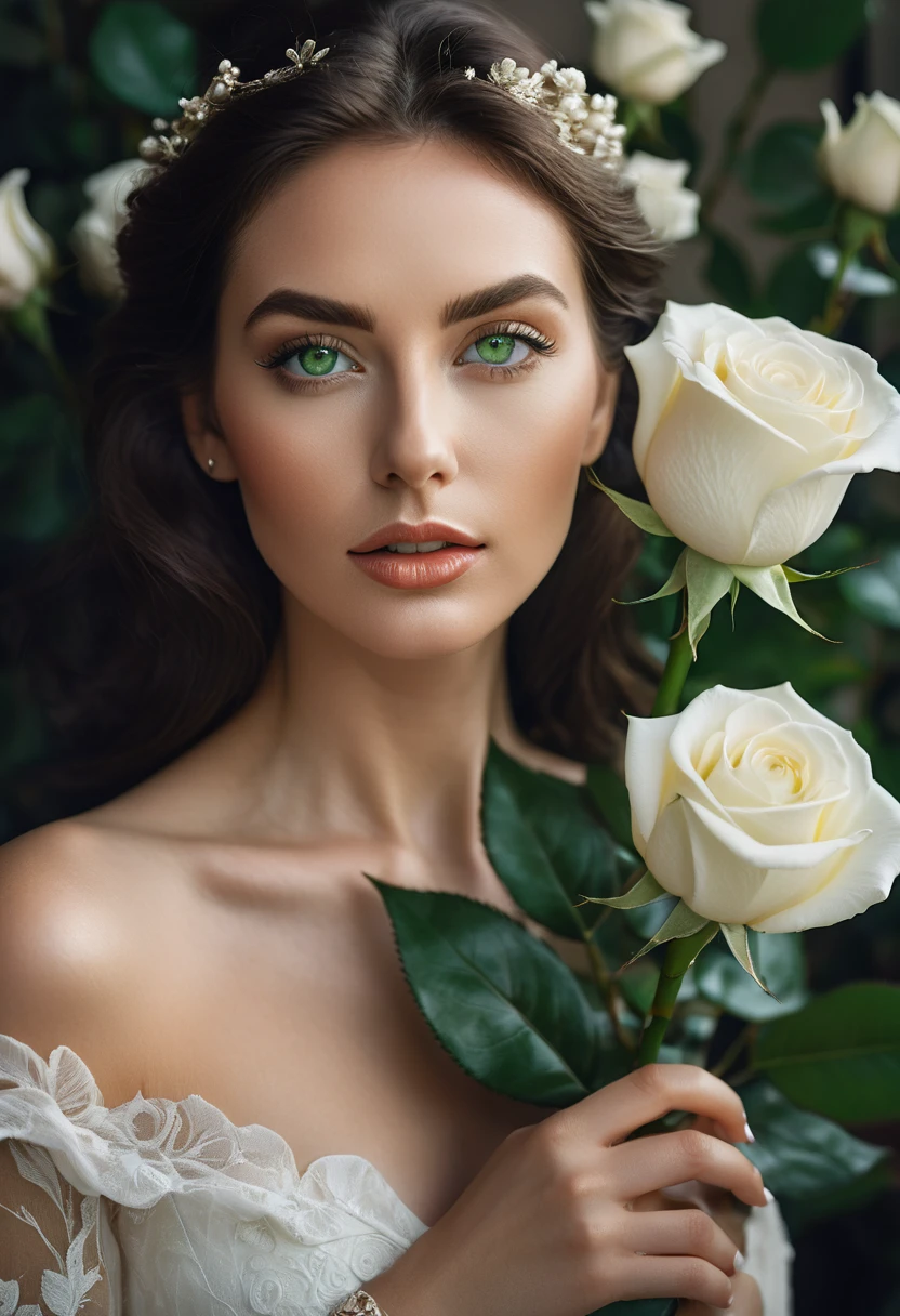 a woman with green eyes, flawless skin, half body shot, holding a white rose, whimsical photography style, captured with an Arriflex 35BL camera using Canon K25 prime lenses, cinematic, dramatic lighting, ultra clear, breathtaking surreal masterpiece.
