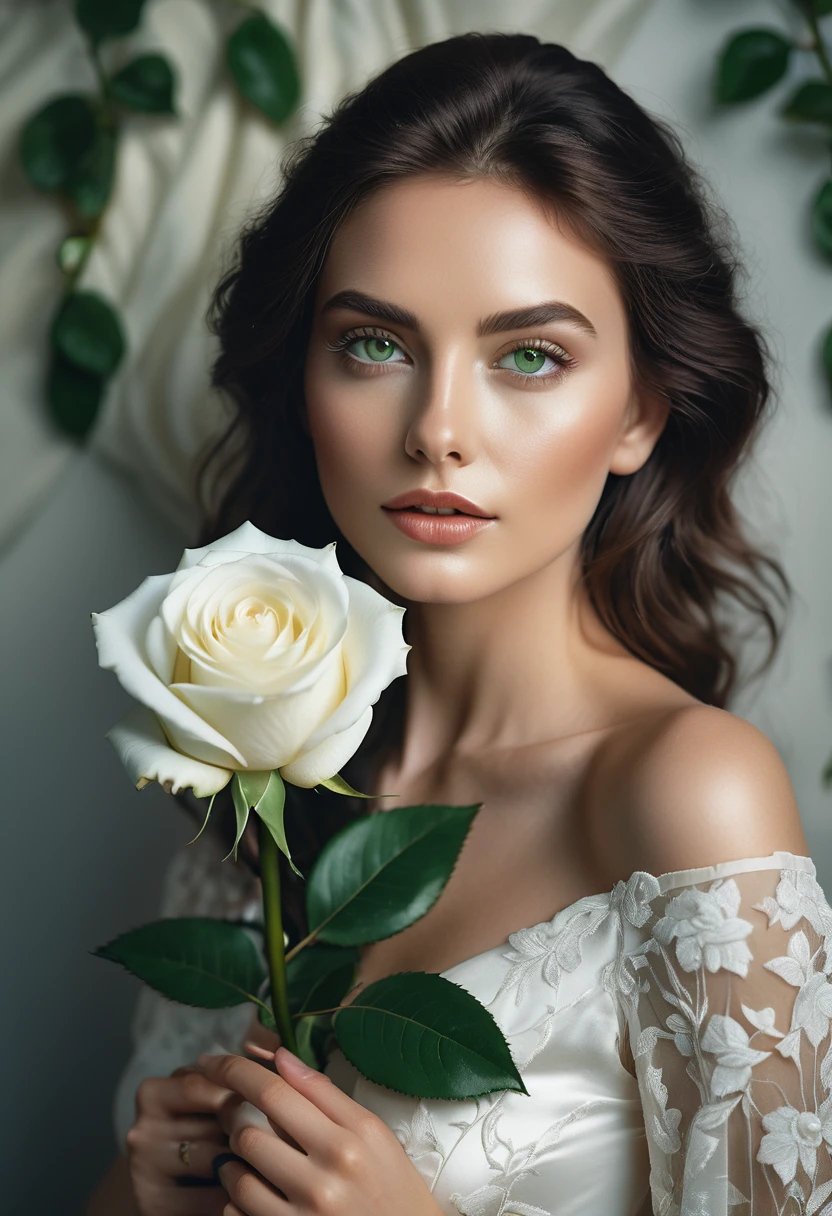 a woman with green eyes, flawless skin, half body shot, holding a white rose, whimsical photography style, captured with an Arriflex 35BL camera using Canon K25 prime lenses, cinematic, dramatic lighting, ultra clear, breathtaking surreal masterpiece.