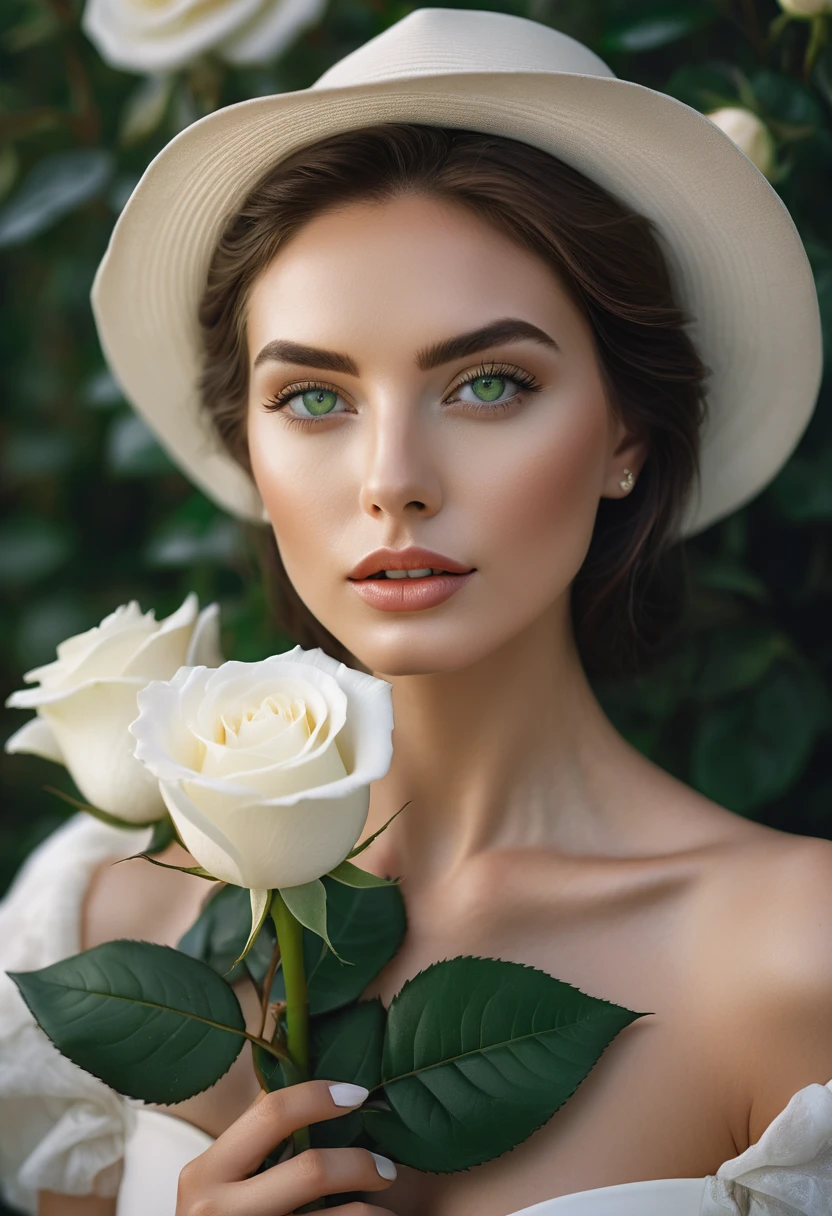 a woman with green eyes, flawless skin, half body shot, holding a white rose, whimsical photography style, captured with an Arriflex 35BL camera using Canon K25 prime lenses, cinematic, dramatic lighting, ultra clear, breathtaking surreal masterpiece.
