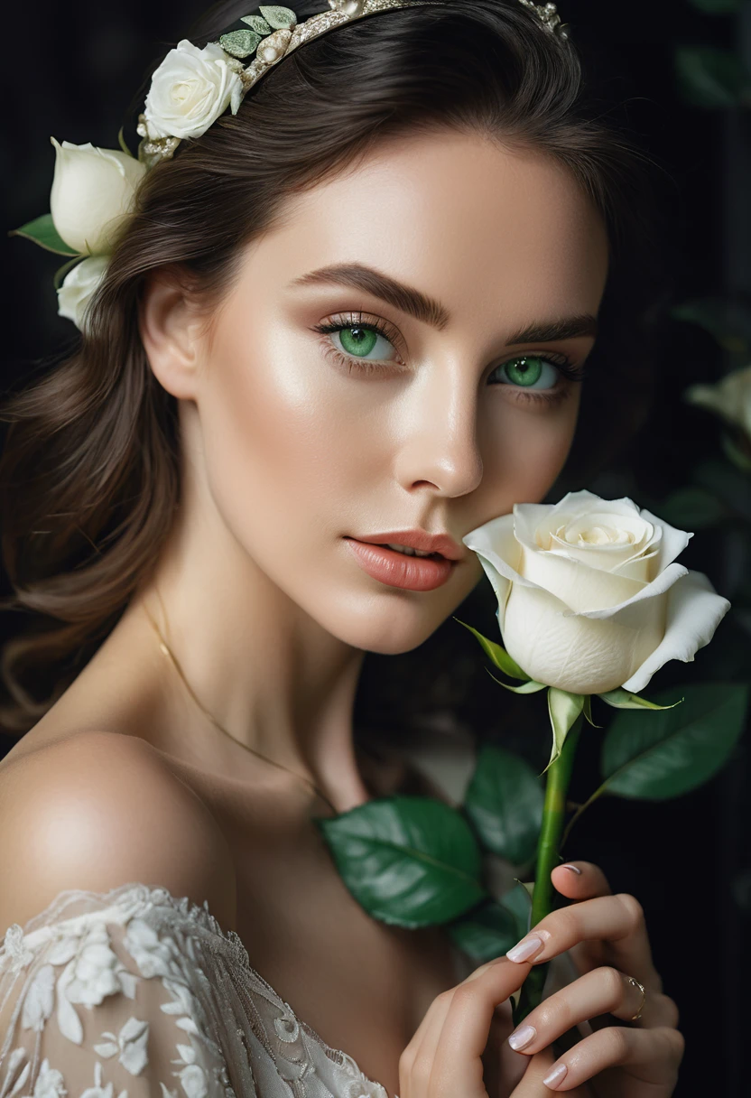 a woman with green eyes, flawless skin, half body shot, holding a white rose, whimsical photography style, captured with an Arriflex 35BL camera using Canon K25 prime lenses, cinematic, dramatic lighting, ultra clear, breathtaking surreal masterpiece.