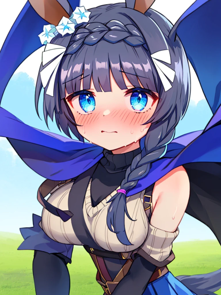 (((zenno rob roy, umamusume,))) braids, blunt cut, medium hair, braid, silver hair, blue eyes, droopy eyes, pale skin, glasses, cute face, huge breasts, blush, embarrassed, wet skin, shiny skin, sweat, steam, humid, ((((Turtleneck Sweater, Bare shoulder, black elbow gloves, blue corset skirt, black thighhighs, blue cape,)))) see-through, 