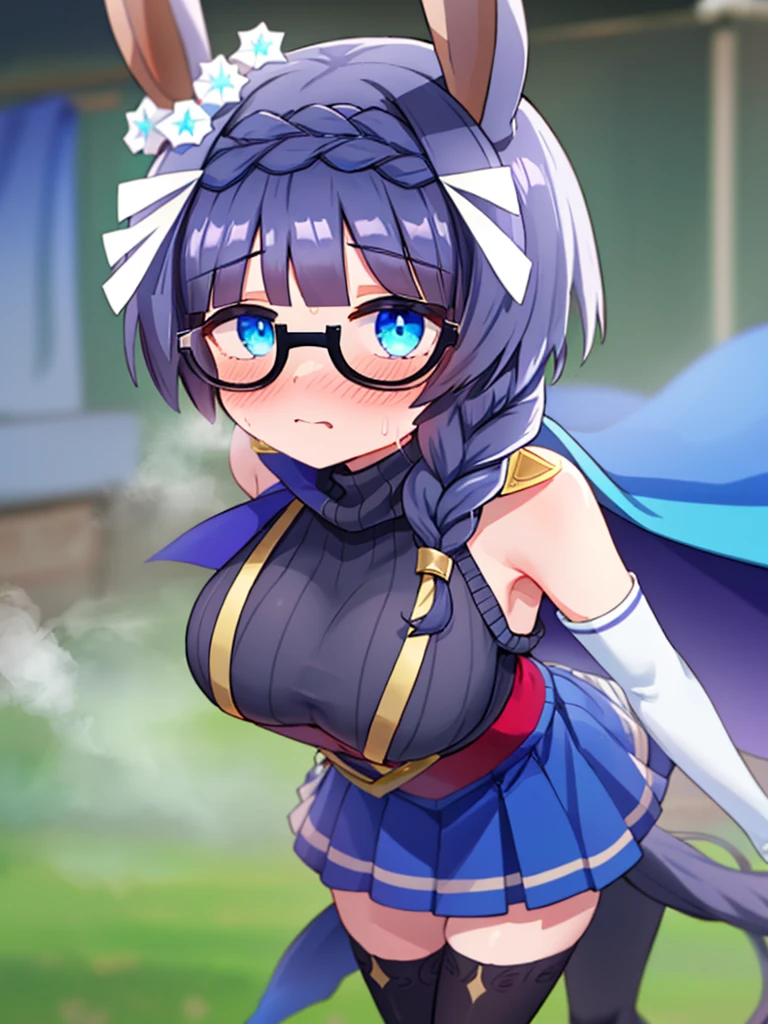 (((zenno rob roy, umamusume,))) braids, blunt cut, medium hair, braid, silver hair, blue eyes, droopy eyes, pale skin, glasses, cute face, huge breasts, blush, embarrassed, wet skin, shiny skin, sweat, steam, humid, ((((Turtleneck Sweater, Bare shoulder, black elbow gloves, blue corset skirt, black thighhighs, blue cape,)))) see-through,