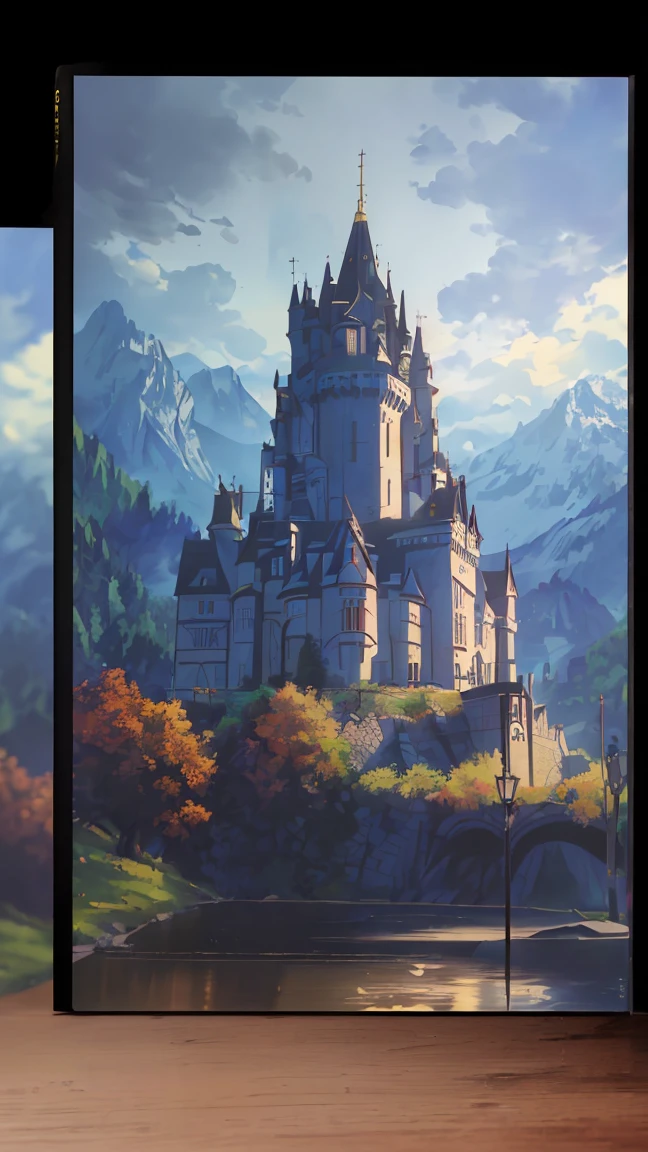 (best qualityer,4K,8K,high resolution,work of art:1.2),ultra detali,(realisitic,photorealisitic,photo-realisitic:1.37),mountainscape, castle, dark sky, studio lighting, Detailed back details,Impressionism,studio lighting,softfocus,bright coloured.