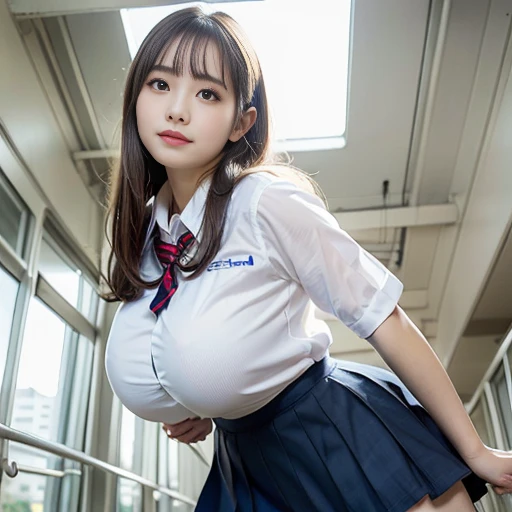 Detailed and complex,  (Perfect figure), (Japanese woman), long legs, Long and straight hair in light color, (perfectly cute face:1.6), round face, (very huge breasts:1.5), (transparent school uniform:1.46), (view from below:1.50), high quality, highres, anatomically correct, indoor, emphasizing breasts, looking into the camera, portrait