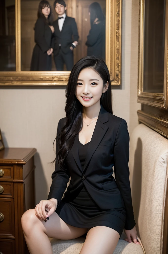 Pure young Japanese girl, wearing dark colors style suits and skirts, vivid makeup, natural black hair styles, sitting in antique in style rooms, sweet smile, professional portrait photography, midnight, 