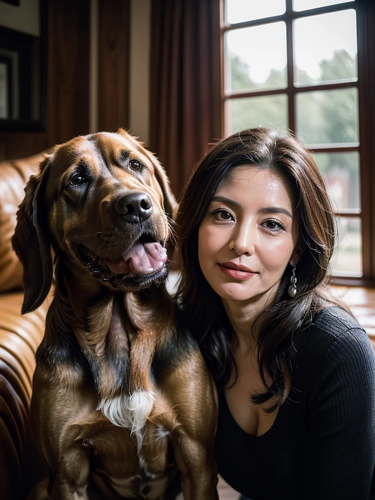 (masterpiece:1.4),((1 woman and 1 dog : 1.5)), (((portrait of mature woman and her big dog : 1.4))), (62-year-old woman:1.5), (Facial wrinkles : 1.2), Nasolabial folds, (looking at viewer : 1), (smirking : 1.3), pores, dull skin, skin blemishes, (long beautiful hair), large saggy breasts, plump body, (elegant lady), (classy formal dress), detailed backgrounds, (Old Western-style building), (dim atmosphere), gloomy, dark lighting, (dog's tongue)