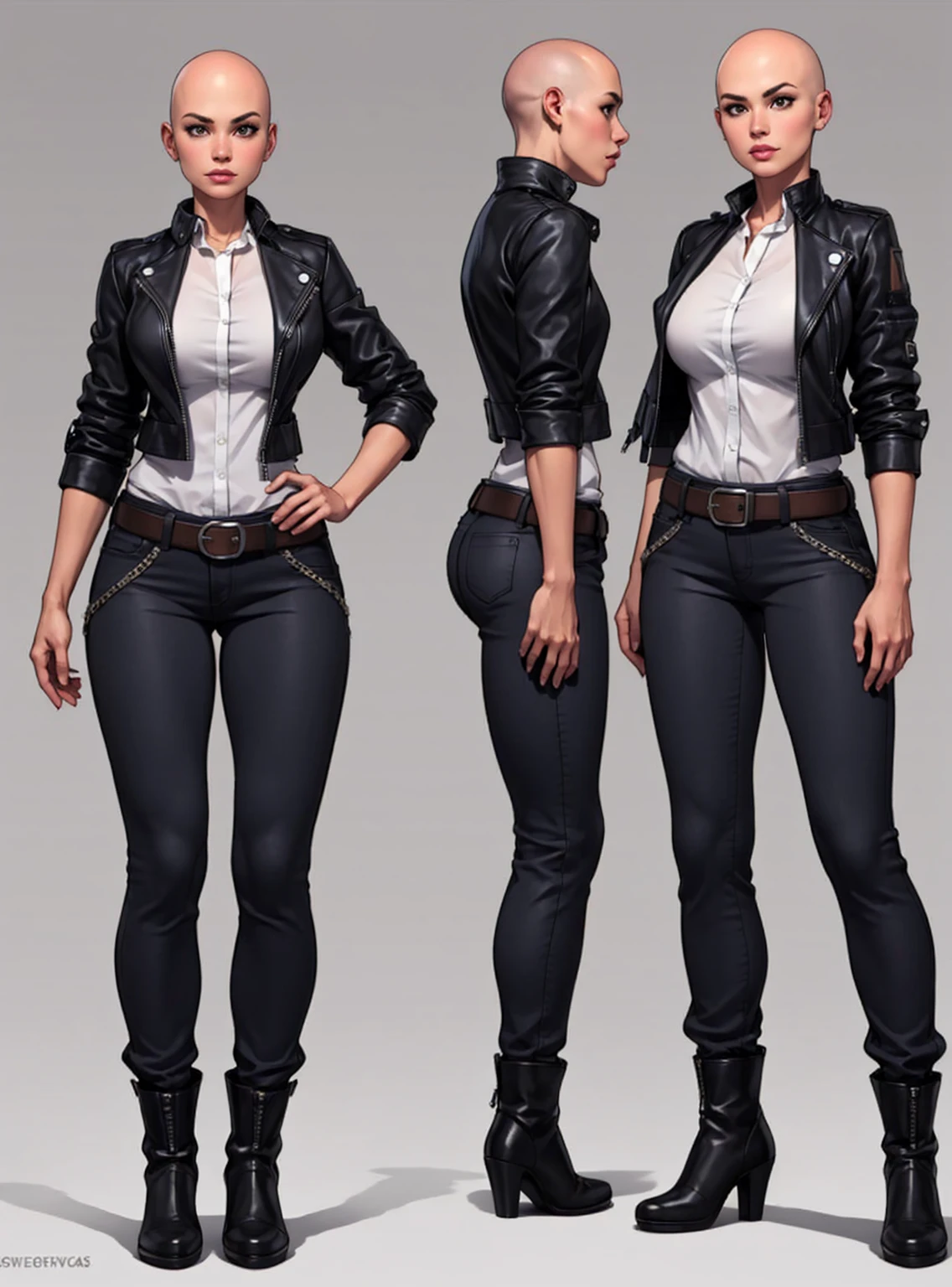 digital art, highly detailed, reference sheet in multiple angles, standing pose, feminine features, mature woman, adult female, whole body, bald, form-fitting, biker jacket, office shirt, sleeves folded up to mid-arm, double belt, long pants, heeled boots, 1woman, solo, upper body, lower body, ((Extremely Detailed)), ((Best Quality)), ((Masterpiece)), ((4k)).
.