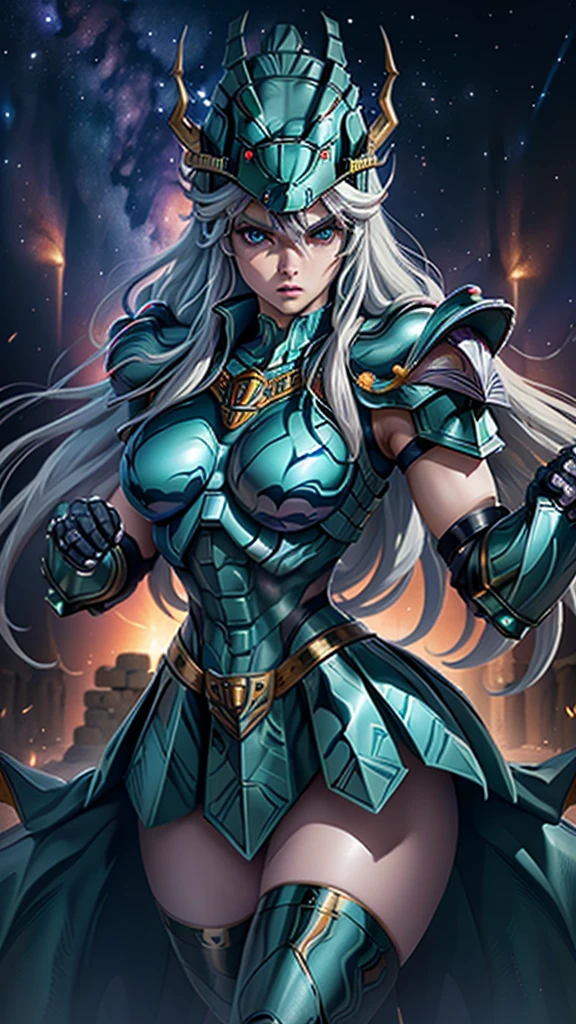 Masterpiece, Best Quality, ultra High resolution, textura de piel realist, armor, (fotorrealist:1.4), High resolution, raw photo, shiny skin, textura de piel realist, better lighting, shine, dramatic lighting, dynamic pose, (greek temple background:1.3), night sky, (cosmos) , (milky way:1.4) , 1 girl, (medium chest:1.1), balanced eyes,( Shiryu dragon with silver-green armor:1.4) ., purple pants, purple short sleeve shirt, (wearing dragon helmet:1.4) , (roman skirt plate:1.4) , (chest plate:1.5), very long hair, armor, neckline,score_9, score_8_up, score_7_up, score_6_up, rating_explicit, 1girl, ((18YO:1.2)), Adult, full lips, big clear eyes, light blue eyes, ((blond hair:1)), (long wavy hair: 1.2),(background ruins of Athens big stones :1.4), (fingers detailed:1.4 ), (armor metallic V2.1), (metallic realistic :1.4),( armor plastic transparent :1.4), (apocalyptic ruins background:1.4), (UHD 8k),( realistic V2.1), (BodySuit nylons:1.4 ), (Masterpiece: 1.4), (8k, realist, raw photo, La Best Quality: 1.4),(gigante dragon white realistic:1.4), (dragon V2.1), (perfect anatomy), (Face details: 1.5, bright blue eyes, beautiful face, pretty eyes, Iris contour, thin lips: 1.5, Thin, sharp pale eyebrows, Long, dark eyelashes, double tabs),