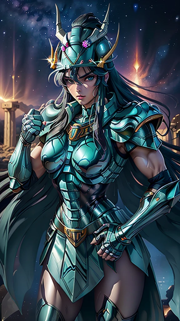 Masterpiece, Best Quality, ultra High resolution, textura de piel realist, armor, (fotorrealist:1.4), High resolution, raw photo, shiny skin, textura de piel realist, better lighting, shine, dramatic lighting, dynamic pose, (greek temple background:1.3), night sky, (cosmos) , (milky way:1.4) , 1 girl, (medium chest:1.1), balanced eyes,( Shiryu dragon with silver-green armor:1.4) ., purple pants, purple short sleeve shirt, (wearing dragon helmet:1.4) , (roman skirt plate:1.4) , (chest plate:1.5), very long hair, armor, neckline,score_9, score_8_up, score_7_up, score_6_up, rating_explicit, 1girl, ((18YO:1.2)), Adult, full lips, big clear eyes, light blue eyes, ((blond hair:1)), (long wavy hair: 1.2),(background ruins of Athens big stones :1.4), (fingers detailed:1.4 ), (armor metallic V2.1), (metallic realistic :1.4),( armor plastic transparent :1.4), (apocalyptic ruins background:1.4), (UHD 8k),( realistic V2.1), (BodySuit nylons:1.4 ), (Masterpiece: 1.4), (8k, realist, raw photo, La Best Quality: 1.4),(gigante dragon white realistic:1.4), (dragon V2.1), (perfect anatomy), (Face details: 1.5, bright blue eyes, beautiful face, pretty eyes, Iris contour, thin lips: 1.5, Thin, sharp pale eyebrows, Long, dark eyelashes, double tabs),