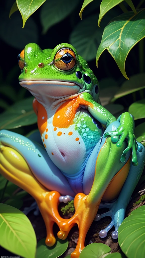 The image you uploaded depicts a colorful frog with a vibrant pattern of blue and orange on its glossy skin. The frog is perched on a green leaf or mossy surface, creating a striking contrast. It’s a captivating subject for photography due to its vivid colors and natural setting