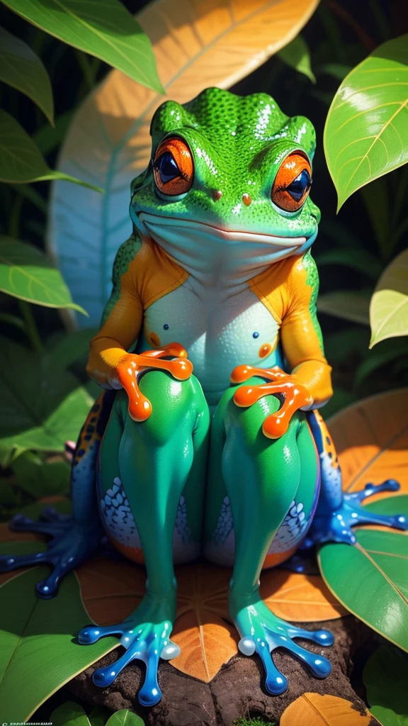 The image you uploaded depicts a colorful frog with a vibrant pattern of blue and orange on its glossy skin. The frog is perched on a green leaf or mossy surface, creating a striking contrast. It’s a captivating subject for photography due to its vivid colors and natural setting