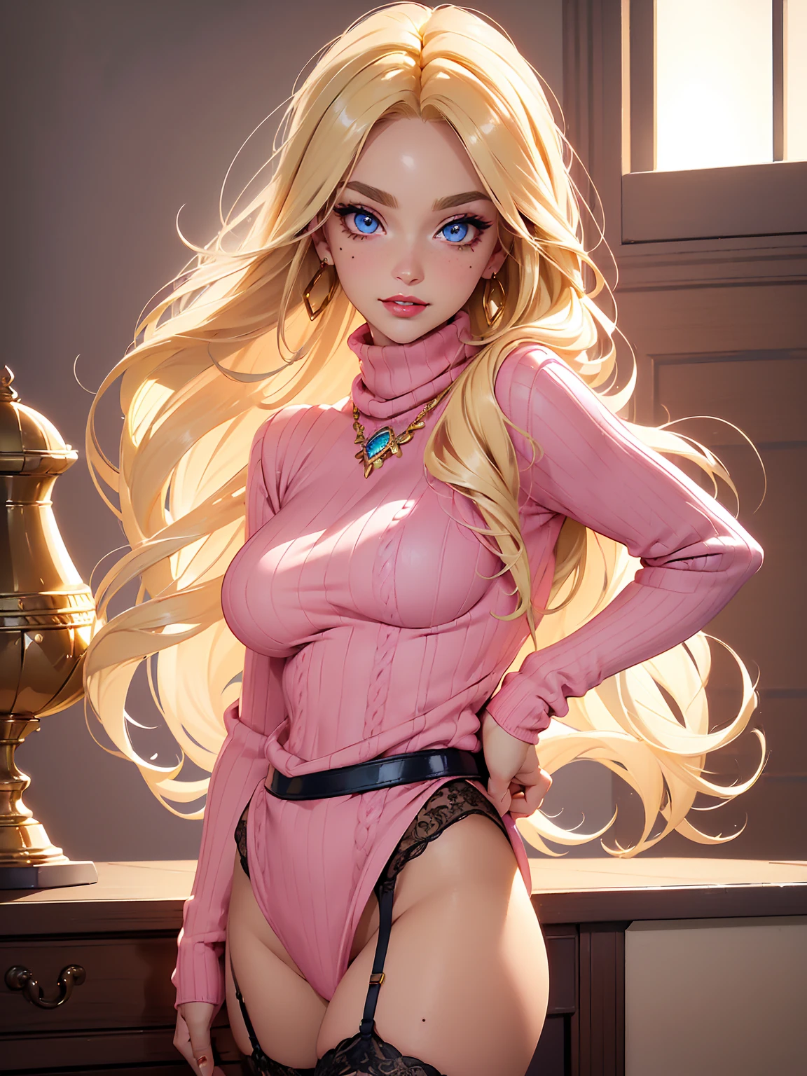(((Blonde stunning hair))), (blue eyes), blue necklace, Golden earrings, Fit, Gorgeous Body, gorgeous, brown eyebrows, (two moles over lip), big pupils, (23 years old), 1girl,solo, complex skin, warm light, (large breasts), wide thighs, round butt, 5 fingers, ((blushing)), ((detailed face, best quality)), ((masterpiece)), ((ultra-detailed)), (beautiful detailed eyes), red lip, eyeshadow, beautiful face, long hair, very detailed eyes, intricate details in eyes, perfect lips, good lighting, ((pink turtleneck sweater wearing, garter belt wearing)), in pink office room, workplace background, evil smile, cleavage, from below, ((full body:1.3))