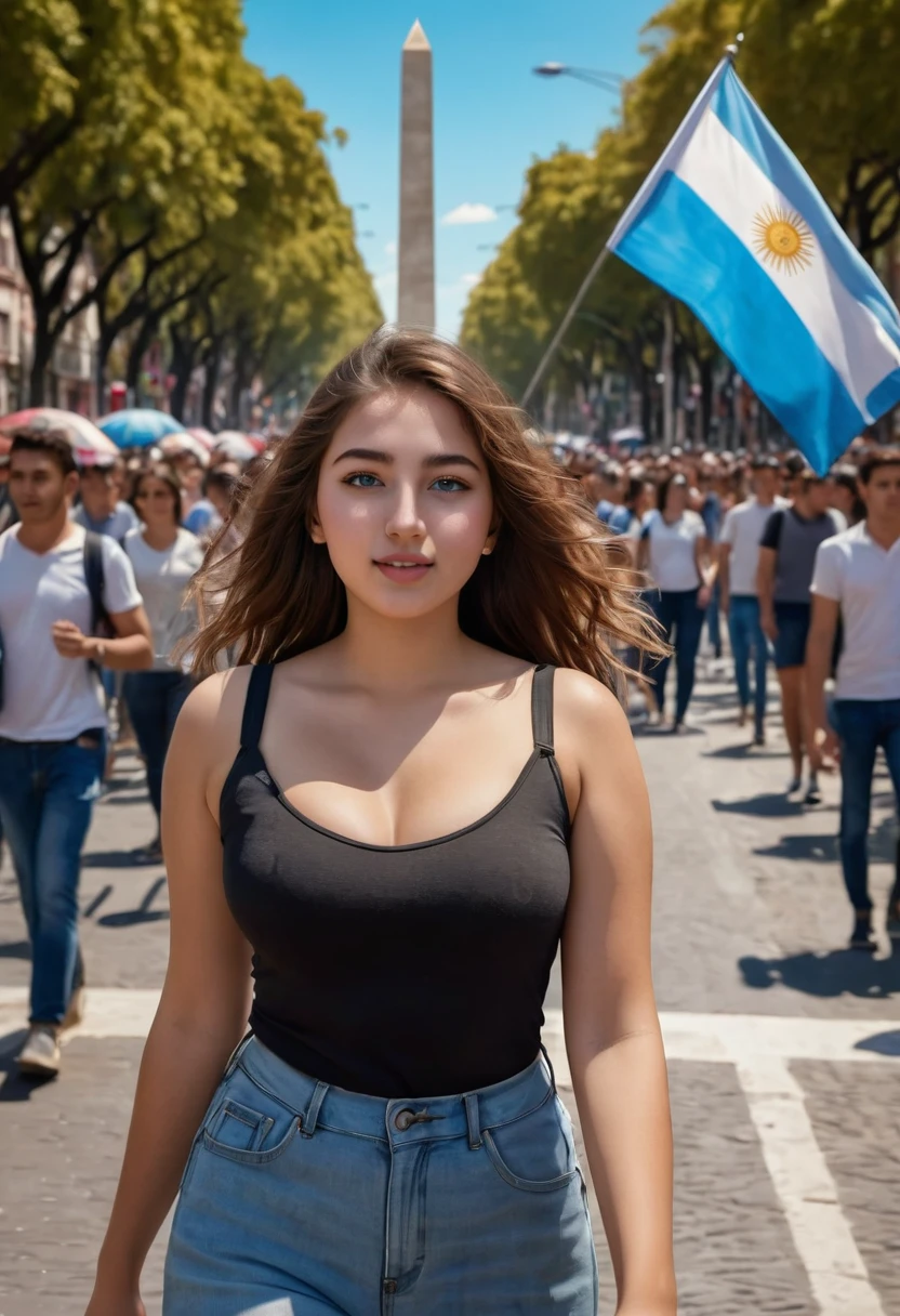 a curvy teenager walking down the street in Argentina, in bikini, obelisk in the background, ARGENTINE FLAG, surrounded by a crowd, happy, happy, realist, fotorrealist, 8k, high quality, Masterpiece, detailed face and features, Beautiful detailed eyes, beautiful lip details, long eyelashes, natural lighting, colorful, vivid colors, dynamic composition, urban landscape, street scene