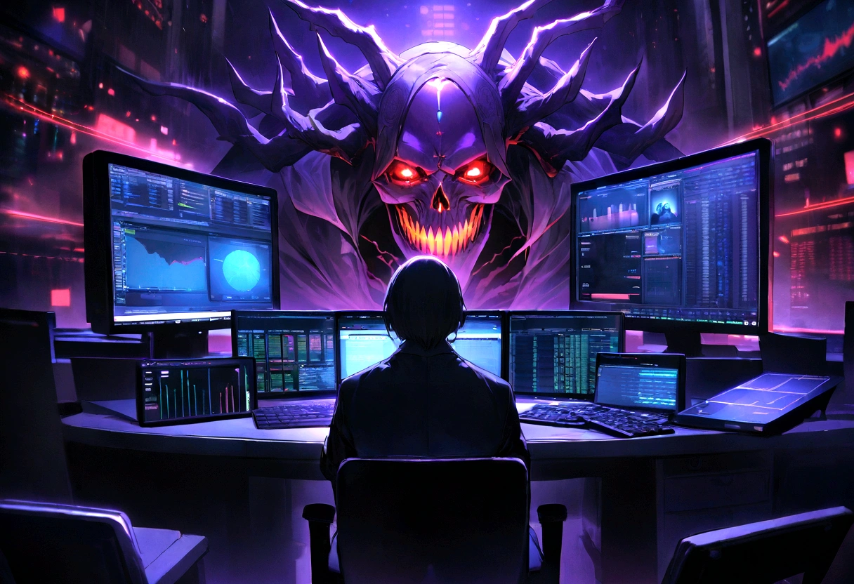 "An evil skull day trader sitting in front of several computers trading in the financial market on the mt5 platform, high quality image. Add the text to the image "Eder Santo Professional trader investments the terror in the financial market"