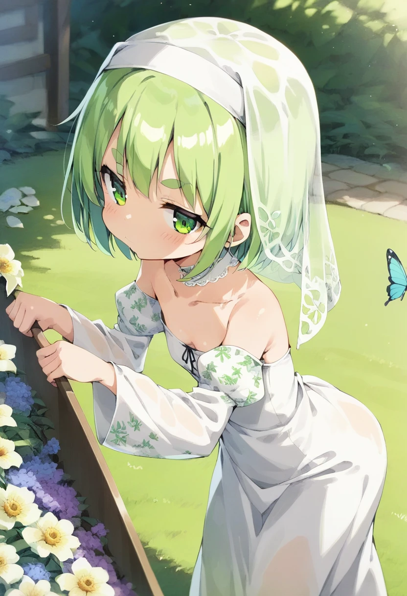 score_9, ,score_7_up, score_6_up, 1girl, source_cartoon, source_anime,breathtalking Scenery,watercolor,smooth soft skin, natural skin,anime screencap,mjm,Bfg
BREAK
(:1.4),(little female child:1.4), small breast,cute face, (lolidler:1.1), 6 yo,kawaii, (highlight on eyes), (jiggly:0.8), shiny skin,
BREAK
(medium green hair:1.3),(green maro eyebrows:1.6),pouty and slightly grumpy,(pout:1.2), ::(, (jitome),(frown:0.6),white streaked hair, green eyes,
BREAK
(Floral print nun dress:1.1), (pastel veil:1.2),choker,nun,butterfly sleeves, excessive detailed collarbone,exposed collarbone, dynamicangle,dynamicpose,bloom effect,
BREAK
(hanging out the laundry:1.2),(laundry,Clothes are drying:1.1),(from side,:1.2 ),cowboy shot,looking at viewer,flower garden,grass,nature,countryside,pastelcolor,