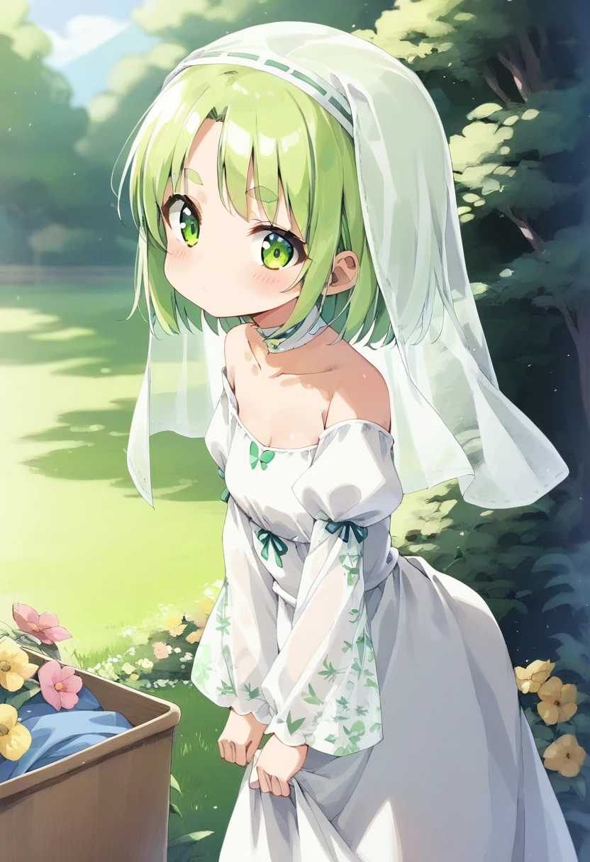 score_9, ,score_7_up, score_6_up, 1girl, source_cartoon, source_anime,breathtalking Scenery,watercolor,smooth soft skin, natural skin,anime screencap,mjm,Bfg
BREAK
(:1.4),(little female child:1.4), small breast,cute face, (lolidler:1.1), 6 yo,kawaii, (highlight on eyes), (jiggly:0.8), shiny skin,
BREAK
(medium green hair:1.3),(green maro eyebrows:1.6),pouty and slightly grumpy,(pout:1.2), ::(, (jitome),(frown:0.6),white streaked hair, green eyes,
BREAK
(Floral print nun dress:1.1), (pastel veil:1.2),choker,nun,butterfly sleeves, excessive detailed collarbone,exposed collarbone, dynamicangle,dynamicpose,bloom effect,
BREAK
(hanging out the laundry:1.2),(laundry,Clothes are drying:1.1),(from side,:1.2 ),cowboy shot,looking at viewer,flower garden,grass,nature,countryside,pastelcolor,