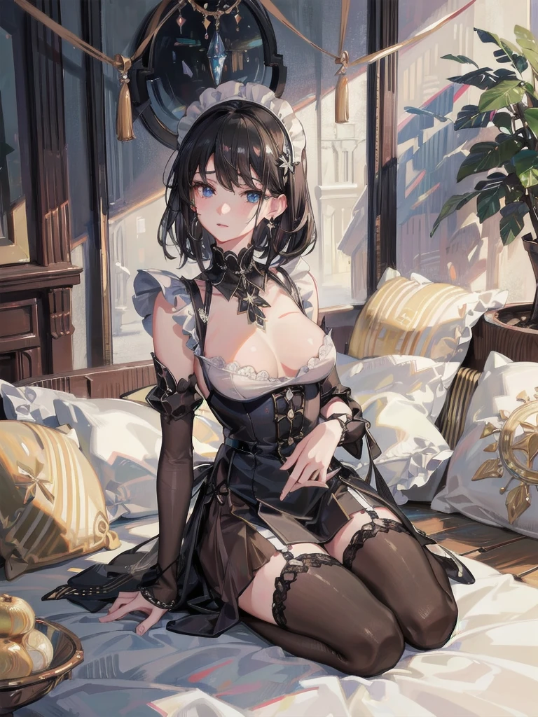 absurdres, RAW photo, extremely delicate and beautiful, masterpiece, Best Quality, ultra high resolution, 32k, hyperrealistic, ultra-detailed, delicate facial features, beautiful detailed woman, tearful mole, earring, medium breasts, full body shot, medium hair, black hair, maid costume,