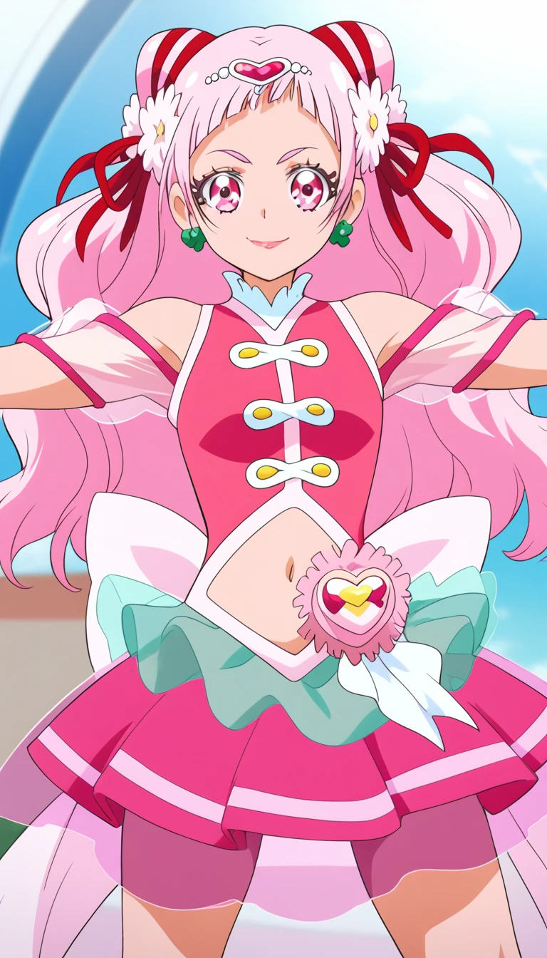 score_9, score_8_up, score_7_up, cure yell, from front,standing, spread arms ,background sky, serious smile,glossy lips