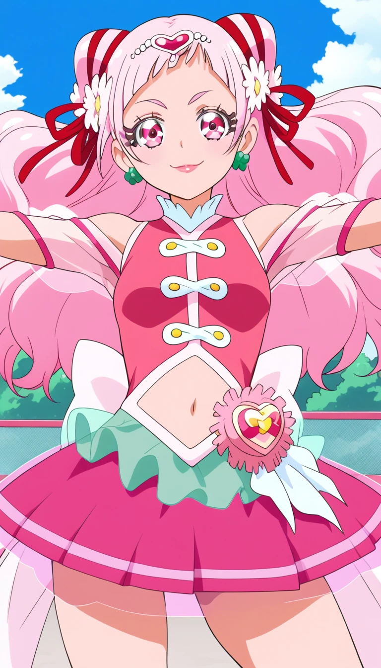 score_9, score_8_up, score_7_up, cure yell, from front,standing, spread arms ,background sky, serious smile,glossy lips