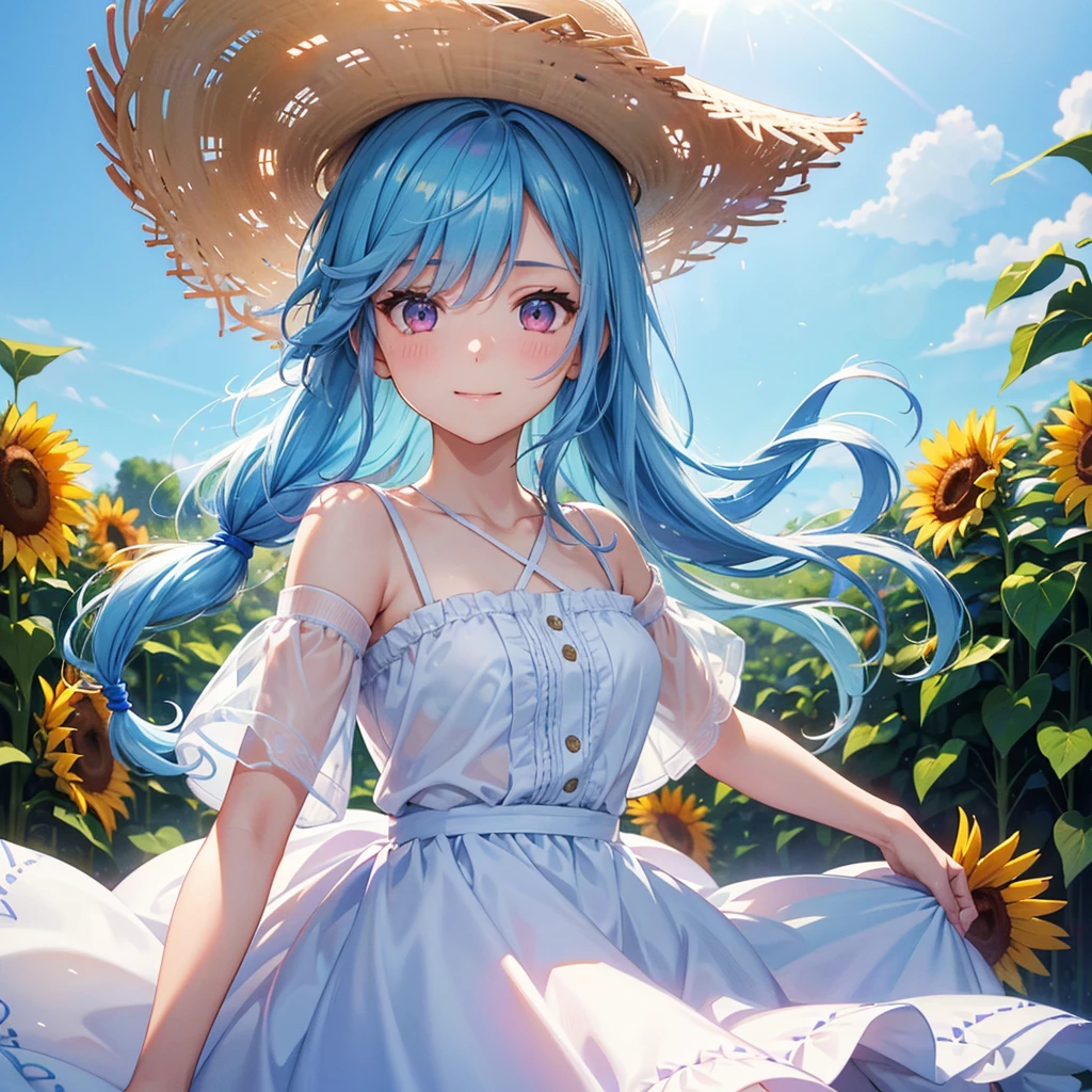 Sky blue hair, Braided Ponytail,(Pink Eyes),Fair skin ,(whole body),(One girl),summer,Sunflower field,White dress,Straight bangs,Happy smile,Straw hat,(masterpiece, Highest quality, Very detailed, Best Shadow), (Detailed Background), (Beautifully detailed face), High Contrast, (Best lighting, Very delicate and beautiful), ((Cinematic Light)), colorful, Hyper Detail, Dramatic Light, Intricate details,summerの暑い日差し,