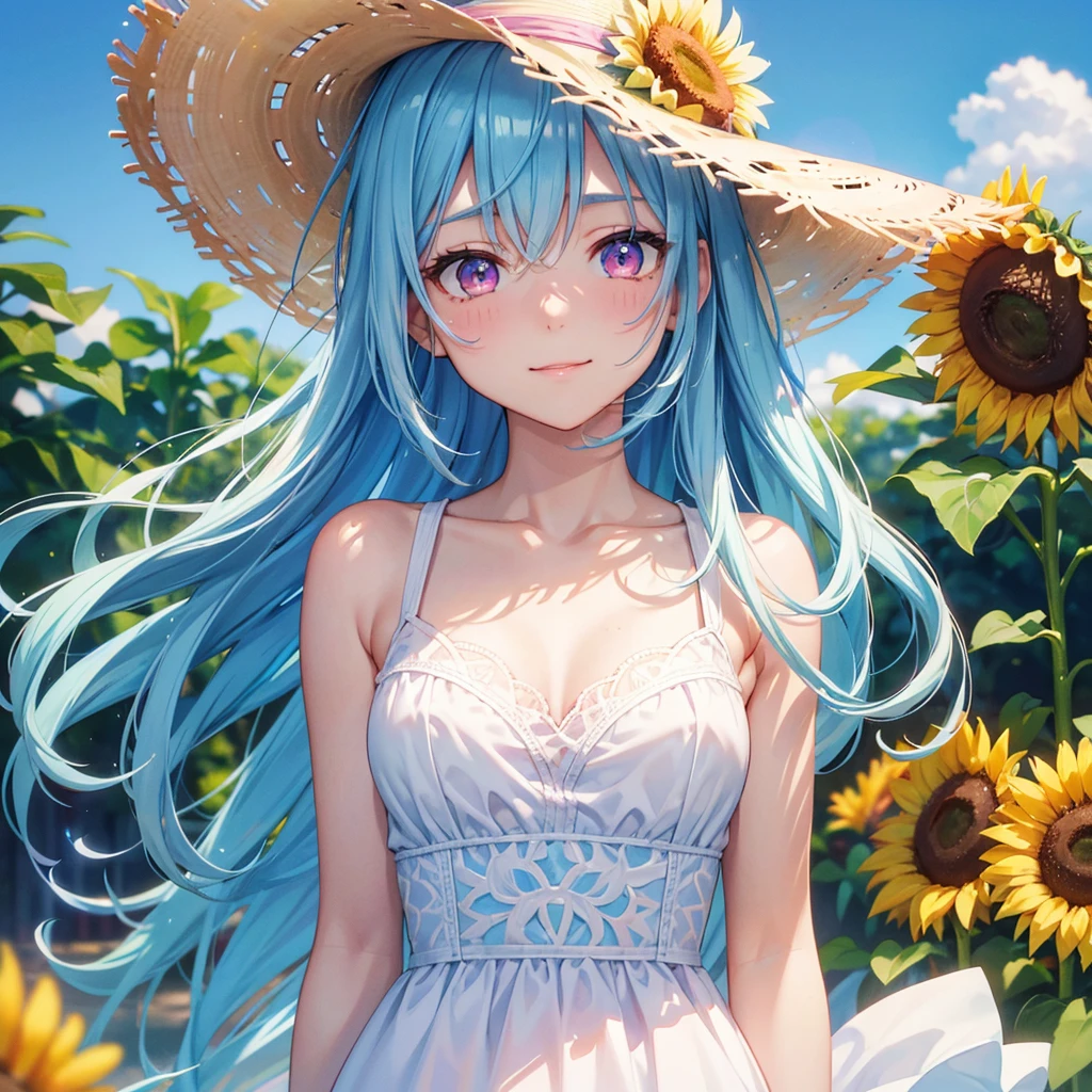 Sky blue hair, Braided Ponytail,(Pink Eyes),Fair skin ,(whole body),(One girl),summer,Sunflower field,White dress,Straight bangs,Happy smile,Straw hat,(masterpiece, Highest quality, Very detailed, Best Shadow), (Detailed Background), (Beautifully detailed face), High Contrast, (Best lighting, Very delicate and beautiful), ((Cinematic Light)), colorful, Hyper Detail, Dramatic Light, Intricate details,summerの暑い日差し,