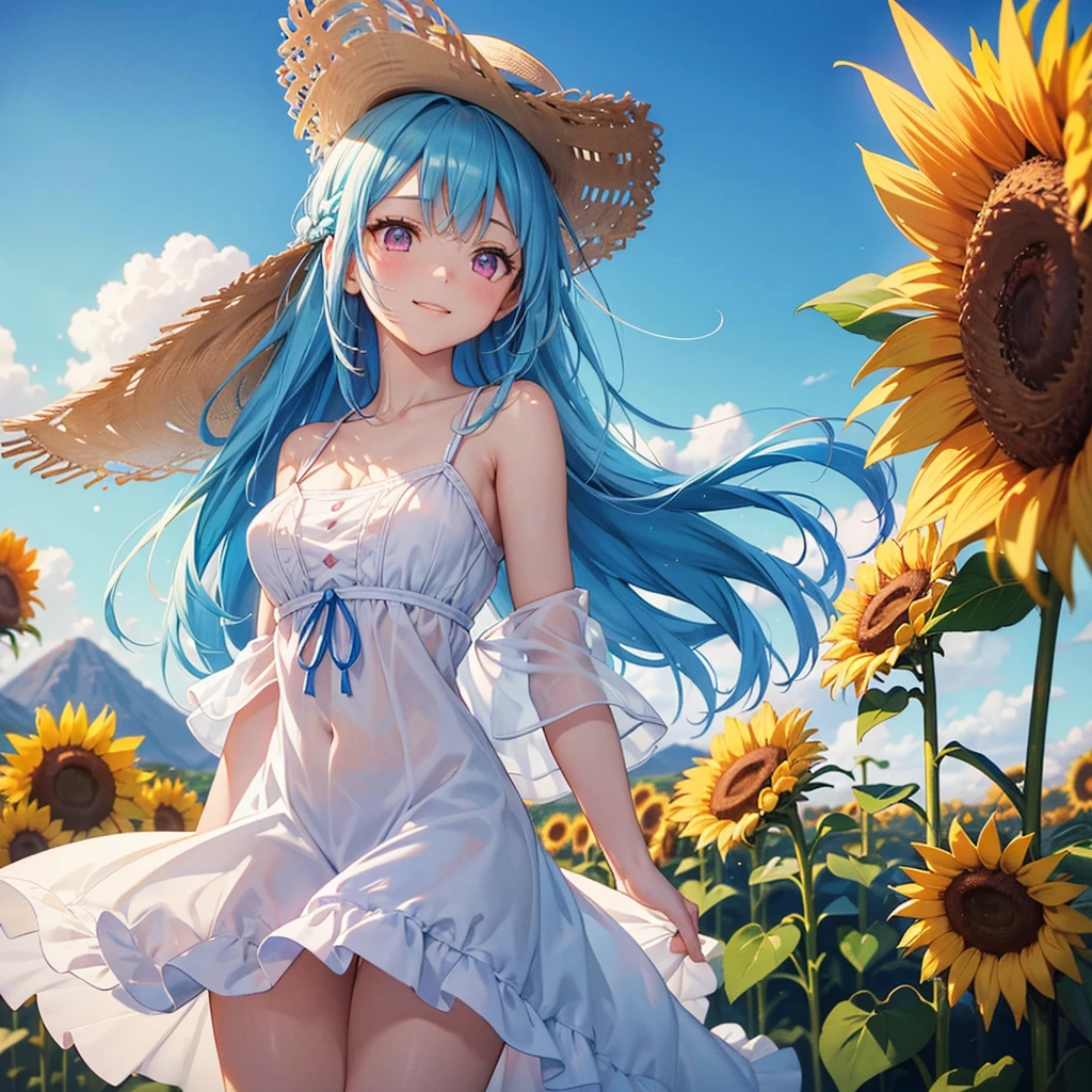 Sky blue hair, Braided Ponytail,(Pink Eyes),Fair skin ,(whole body),(One girl),summer,Sunflower field,White dress,Straight bangs,Happy smile,Straw hat,(masterpiece, Highest quality, Very detailed, Best Shadow), (Detailed Background), (Beautifully detailed face), High Contrast, (Best lighting, Very delicate and beautiful), ((Cinematic Light)), colorful, Hyper Detail, Dramatic Light, Intricate details,summerの暑い日差し,