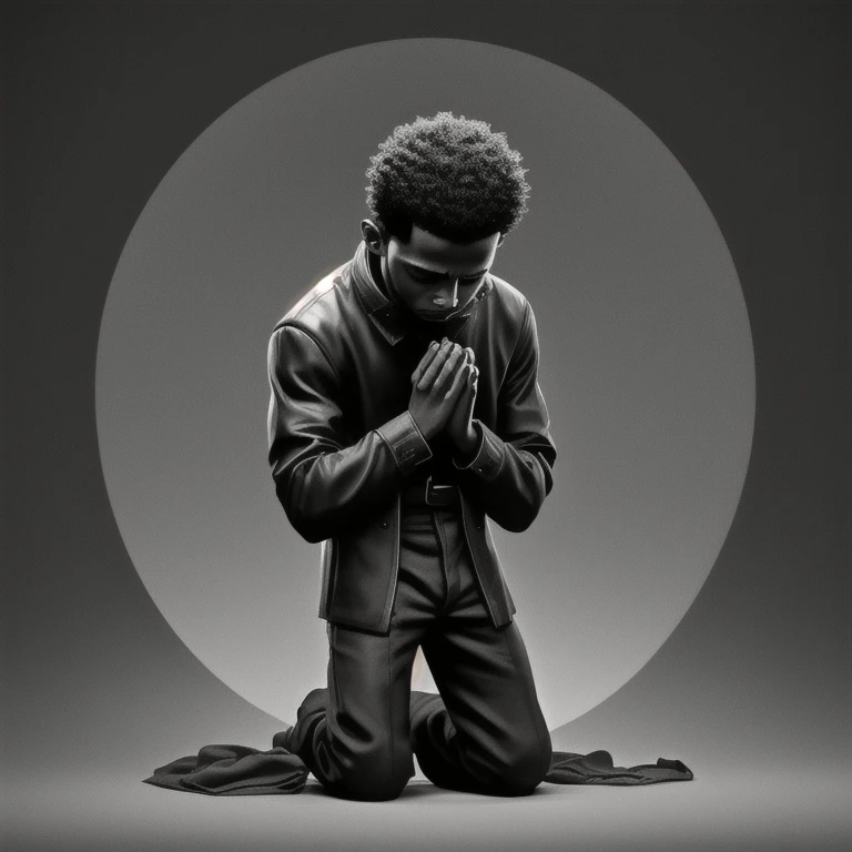 black praying, boy kneeling in prayer, on his knees, Prayer posture, intense line art, bold lineart, Pray, lineart grosso, Art on Artstation, full body detailed portrait, thick black lineart, commission for high resolution
