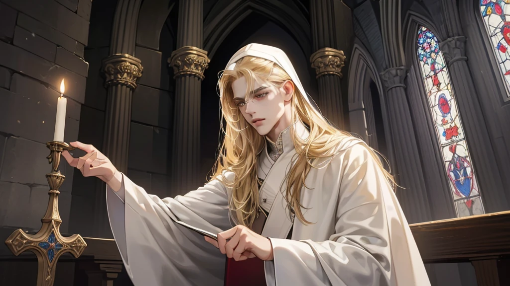 (old,priest-like,male face,detailed face,Ecclesiastical clothing,medieval time,religious works of art:1.1,dark background,rich colors,soft lighting) long hair, blonde hair, white robe, In the Gothic Church,  white robe, cross, churchman, heavenly eyes