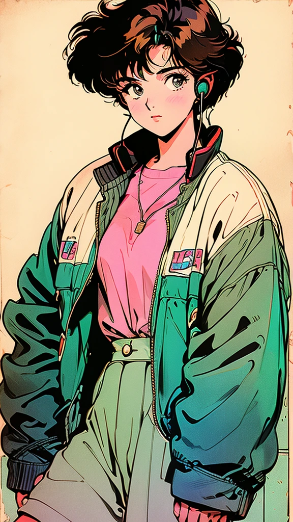 Short brown hair, girl, 90s Vintage, Romance Anime Style, cardigan, Lip gloss, Headphones