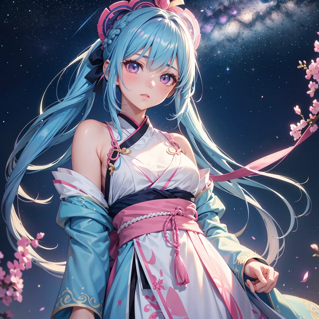 Sky blue hair, Braided Ponytail,(Pink Eyes),Fair skin ,(whole body),(One girl),Hanfu,Tanabata,(The beautiful, sparkling Milky Way in the night sky),Hollow Eyes,Straight bangs,(masterpiece, Highest quality, Very detailed, Best Shadow), (Detailed Background), (Beautifully detailed face), High Contrast, (Best lighting, Very delicate and beautiful), ((Cinematic Light)), colorful, Hyper Detail, Dramatic Light, Intricate details,