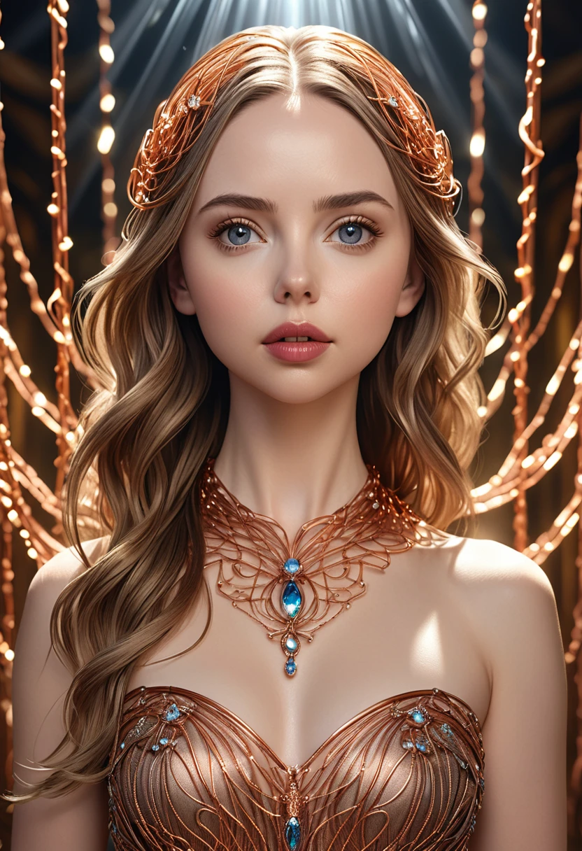 A stunning woman with hair made of intricate copper wires, cascading down like a metallic waterfall. She wears a dress fashioned from delicate, interwoven copper wires, glinting under the light. Her visage is a mesmerizing blend of Alison Brie, Scarlett Johansson, and Dove Cameron, creating a unique, symmetrical face that exudes elegance and grace. The entire scene is rendered in photorealistic quality, capturing every fine detail with stunning clarity. The overall artwork is a masterpiece, presented in 8K high resolution, showcasing the top-quality craftsmanship and artistic vision.