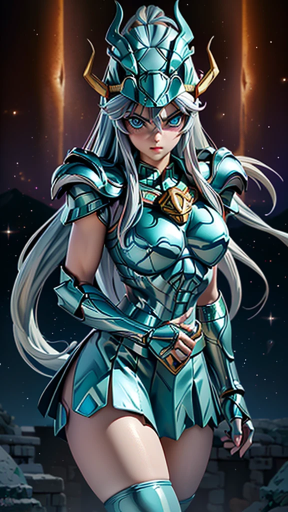 Masterpiece, Best Quality, ultra High resolution, textura de piel realist, armor, (fotorrealist:1.4), High resolution, raw photo, shiny skin, textura de piel realist, better lighting, shine, dramatic lighting, dynamic pose, (greek temple background:1.3), night sky, (cosmos) , (milky way:1.4) , 1 girl, (medium chest:1.1), balanced eyes,( Shiryu dragon with silver-green armor:1.4) ., purple pants, purple short sleeve shirt, (wearing dragon helmet:1.4) , (roman skirt plate:1.4) , (chest plate:1.5), very long hair, armor, neckline,score_9, score_8_up, score_7_up, score_6_up, rating_explicit, 1girl, ((18YO:1.2)), Adult, full lips, big clear eyes, light blue eyes, ((blond hair:1)), (long wavy hair: 1.2),(background ruins of Athens big stones :1.4), (fingers detailed:1.4 ), (armor metallic V2.1), (metallic realistic :1.4),( armor plastic transparent :1.4), (apocalyptic ruins background:1.4), (UHD 8k),( realistic V2.1), (BodySuit nylons:1.4 ), (Masterpiece: 1.4), (8k, realist, raw photo, La Best Quality: 1.4),(gigante dragon white realistic:1.4), (dragon V2.1), (perfect anatomy), (Face details: 1.5, bright blue eyes, beautiful face, pretty eyes, Iris contour, thin lips: 1.5, Thin, sharp pale eyebrows, Long, dark eyelashes, double tabs),
